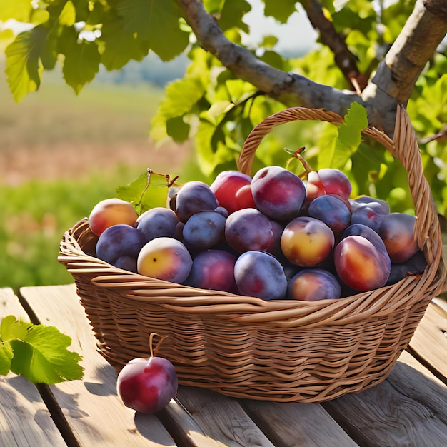 a basket of plums is on a table with a green leaf