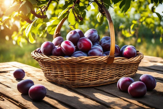 Photo a basket of plums is on a wooden table