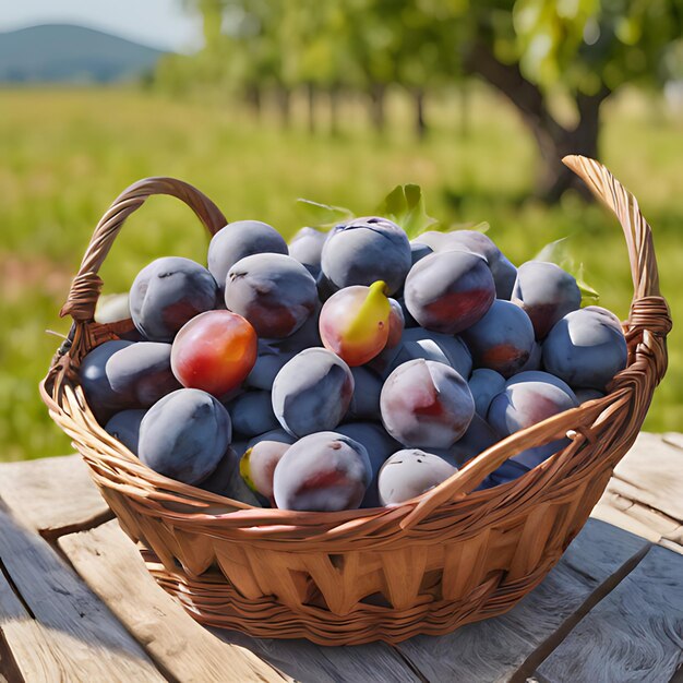 Photo a basket of plums sits on a picnic table