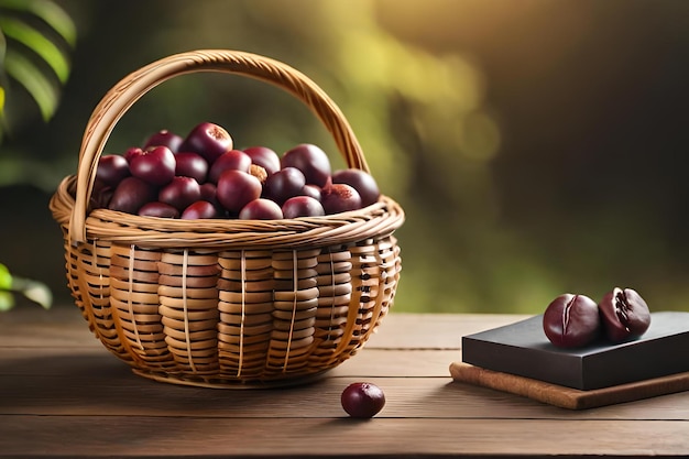 A basket of plums sits on a table next to a book and a book.