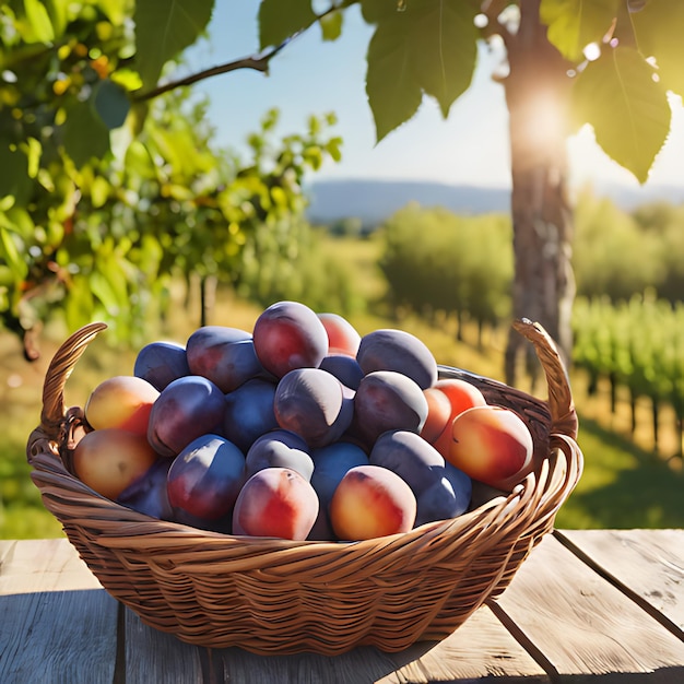 a basket of plums sits on a table in front of a grapevine