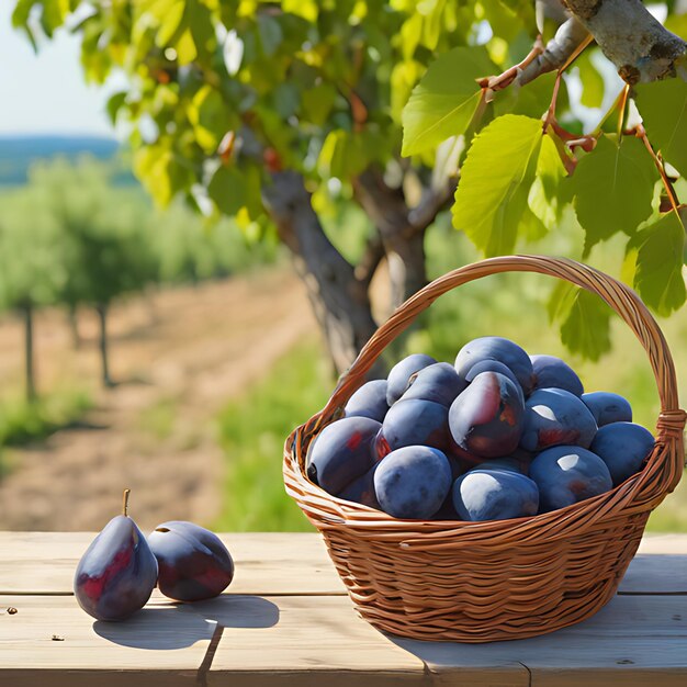 Photo a basket of plums sits on a table outside