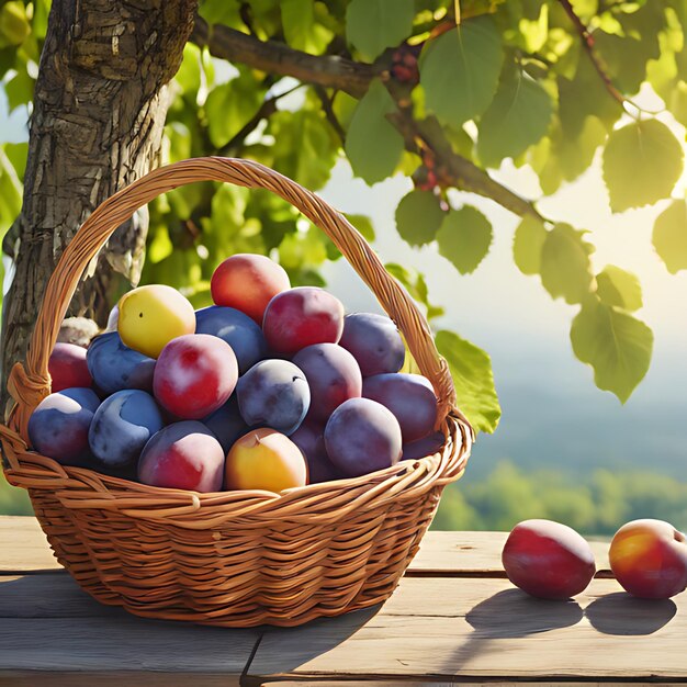 Photo a basket of plums sits on a table under a tree