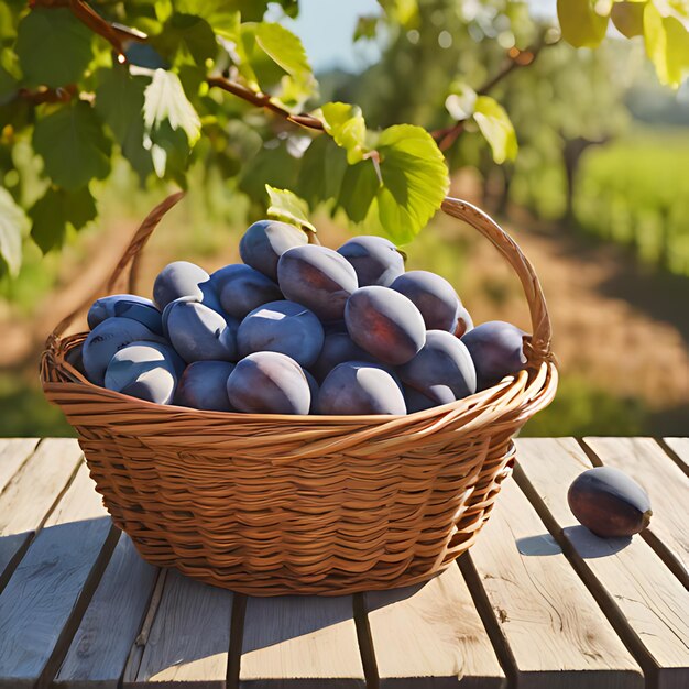 a basket of plums sits on a table in a vineyard