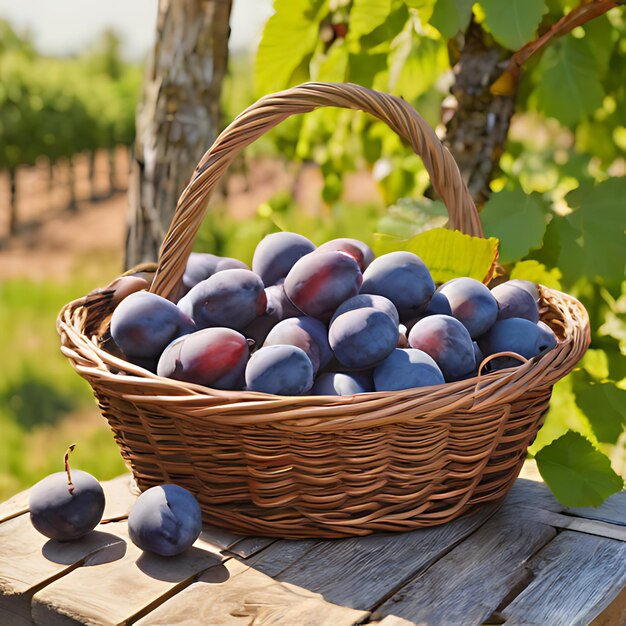 a basket of plums sits on a wooden table