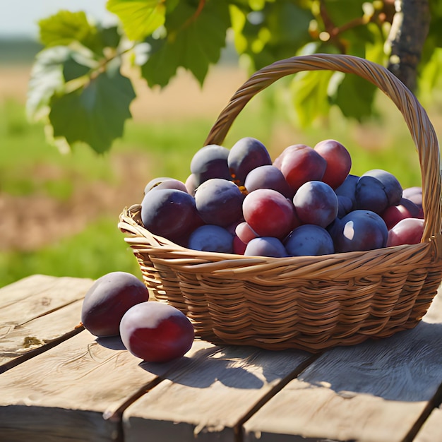 a basket of plums sits on a wooden table