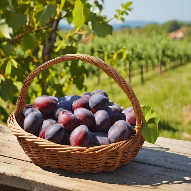 a basket of plums sits on a wooden table