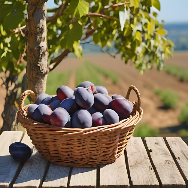 a basket of plums sits on a wooden table