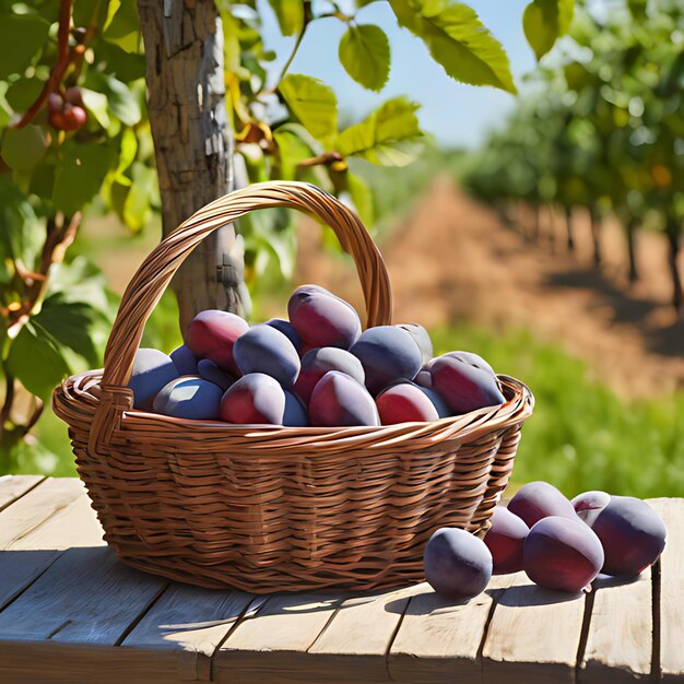 a basket of plums sits on a wooden table