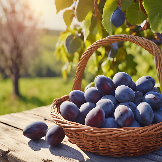 a basket of plums sits on a wooden table