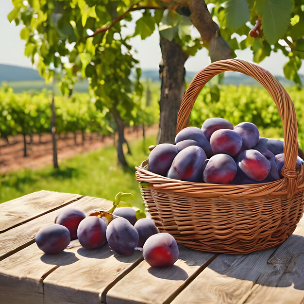 Photo a basket of plums sits on a wooden table