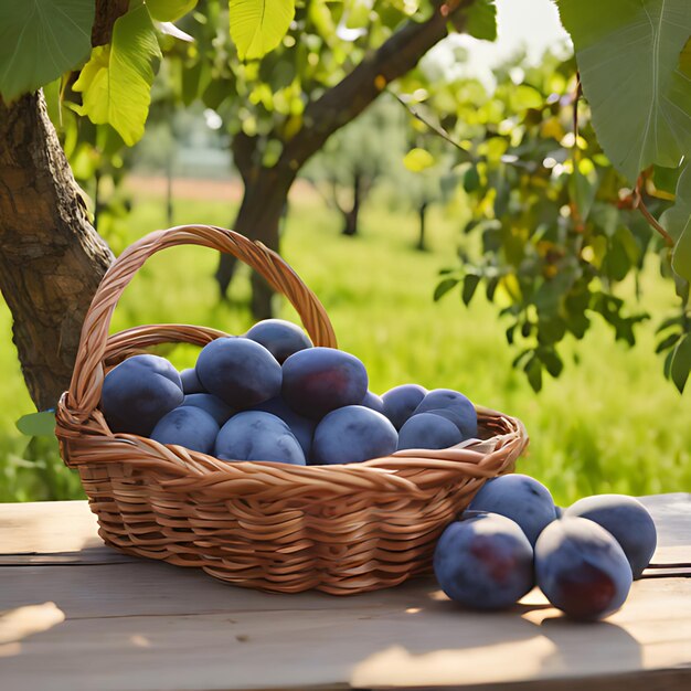 Photo a basket of plums sits on a wooden table