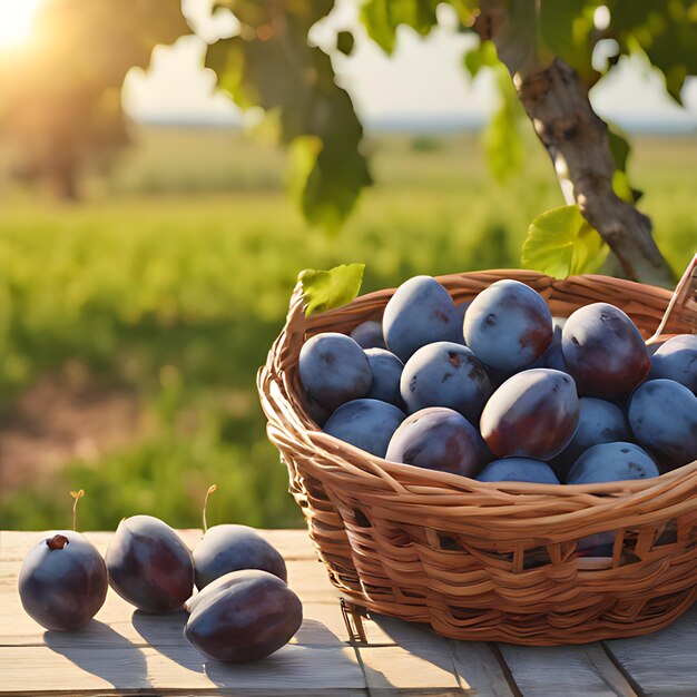 Photo a basket of plums on a table with a basket of plums