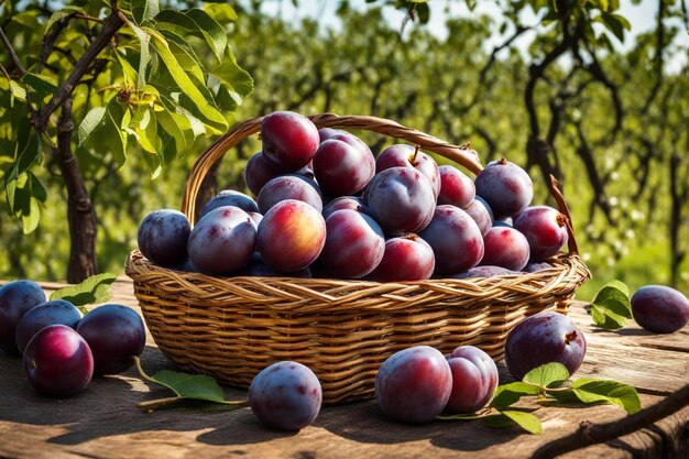 Photo a basket of plums with a basket of fruit on a table