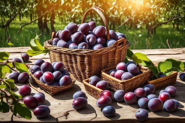 a basket of plums with leaves and a basket of plums