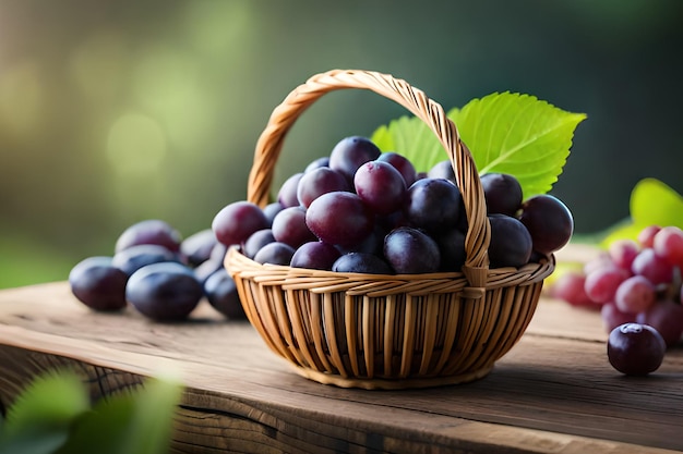 A basket of plums on a wooden table