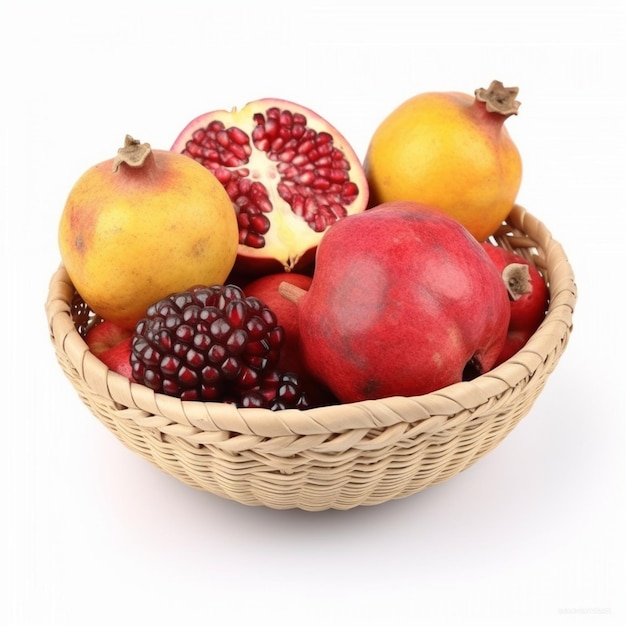 A basket of pomegranates and pomegranates on a white background