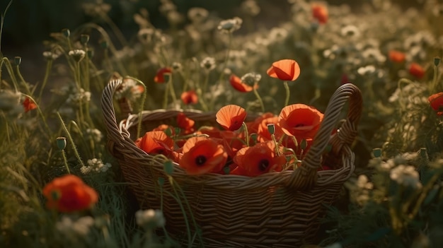 A basket of poppies sits in a field with a field of flowers in the background.