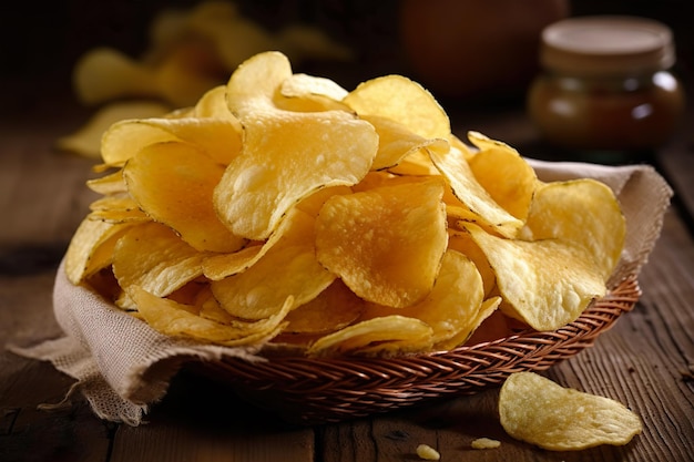 A basket of potato chips on a table