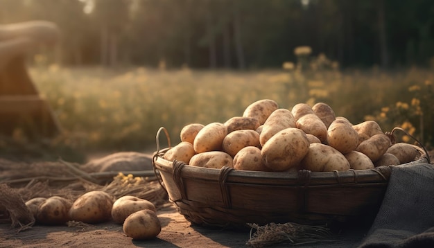Корзина картофеля на деревенском столе на фоне картофельного поля Generative AI