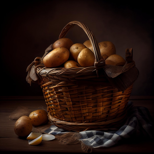 A basket of potatoes with a blue cloth on the table.