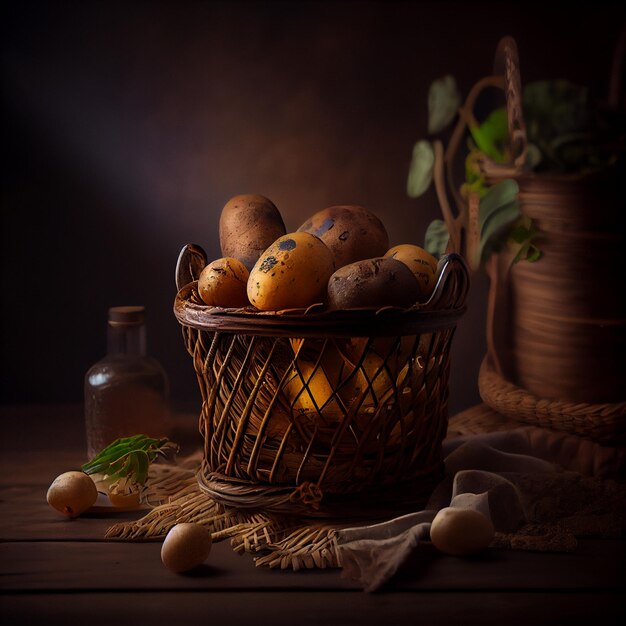 A basket of potatoes with a bottle of garlic on the table.