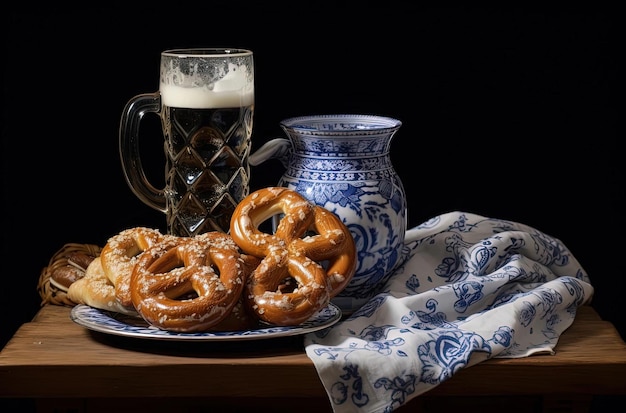a basket of pretzel and a glass of beer to drink in the style of uniformly staged images