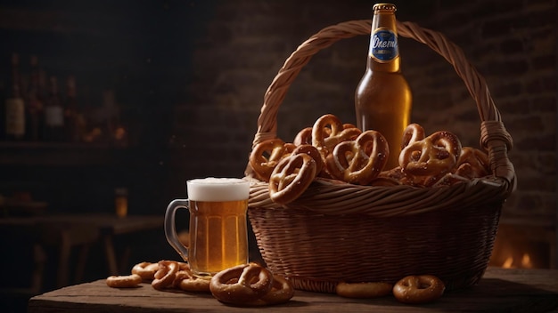 A Basket of Pretzel with Cold Beers