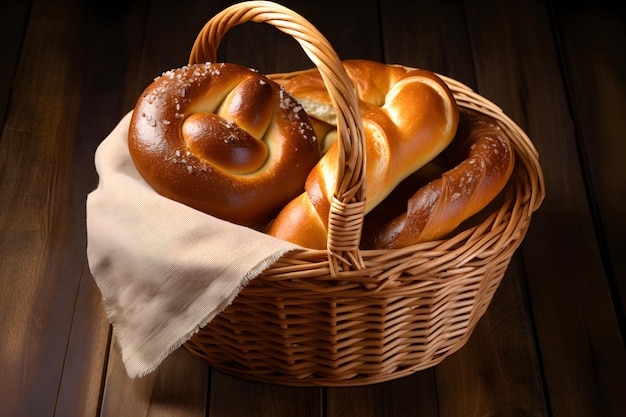 A basket of pretzels with a napkin on the table.