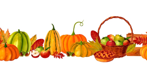 Basket of Pumpkin apple pie and autumn leaves clip art watercolor realistic seamless border for invitations the fall holidays Thanksgiving Halloween harvest festival farmers market