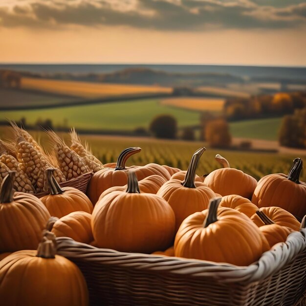 a basket of pumpkins in a field with a barn in the background