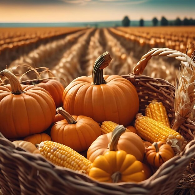 a basket of pumpkins in a field with a barn in the background
