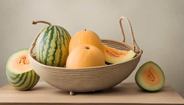 a basket of pumpkins and gourds on a table