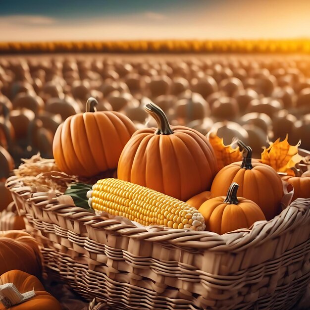 a basket of pumpkins and pumpkins sit in a field