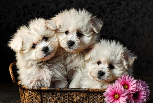 a basket of puppies with a pink flower in the middle