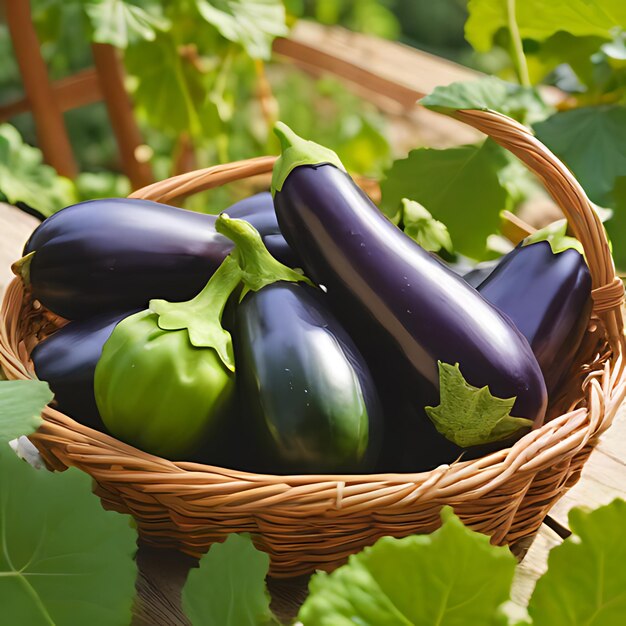 Foto un cesto di melanzane viola è esposto in un giardino