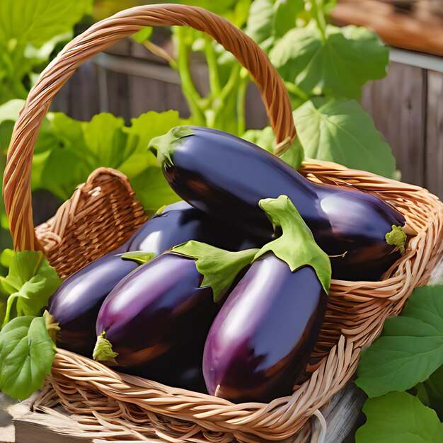 Photo a basket of purple eggplant with a green leaf