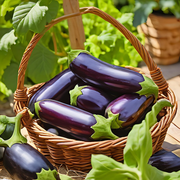 a basket of purple eggplant with green leaves