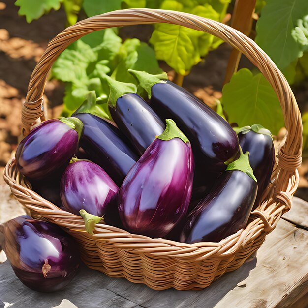 a basket of purple eggplant with green leaves