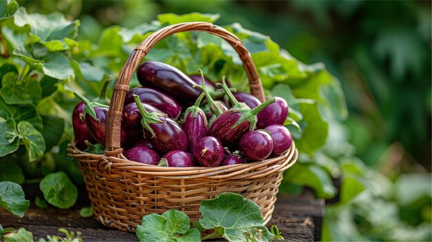 Photo a basket of purple eggplant with green leaves