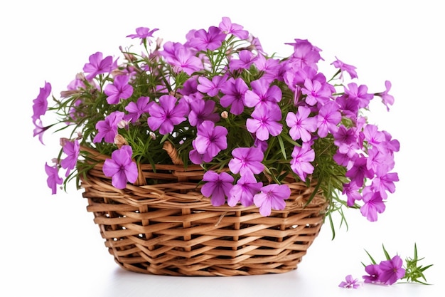 A basket of purple flowers is shown with a flower on the left side.