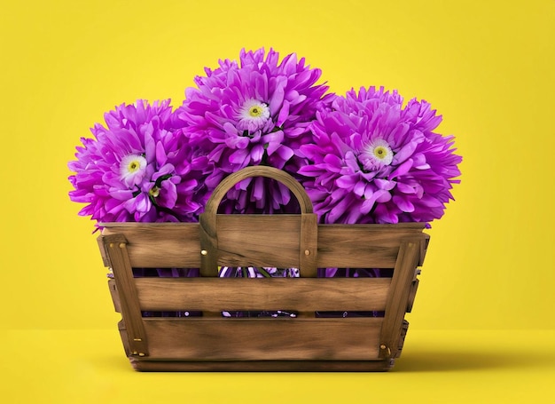 A basket of purple flowers with a handle that says " i love flowers ".