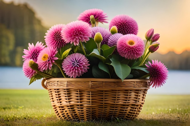 A basket of purple flowers with a sunset in the background