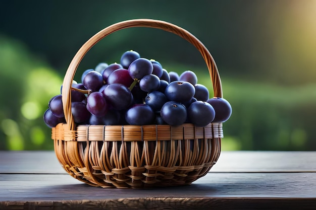 A basket of purple grapes on a table