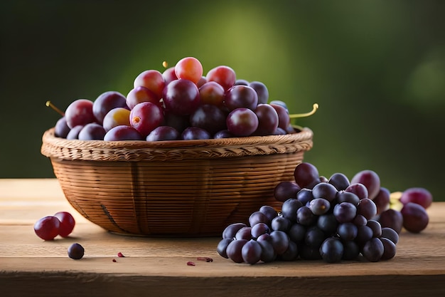 A basket of purple grapes with a green background