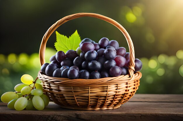 A basket of purple grapes with a green leaf and a green leaf on the background