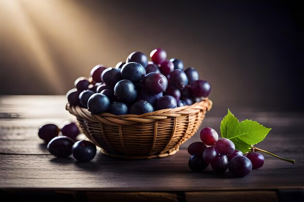 a basket of purple grapes with a green leaf on the top.