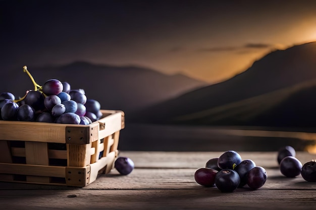 a basket of purple plums sits on a table with a mountain in the background.