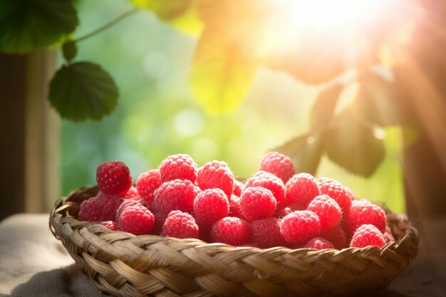 A basket of raspberries in a basket on a wooden table