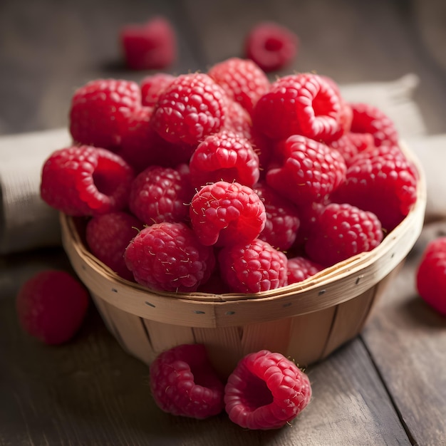 A basket of raspberries sits on a wooden table.